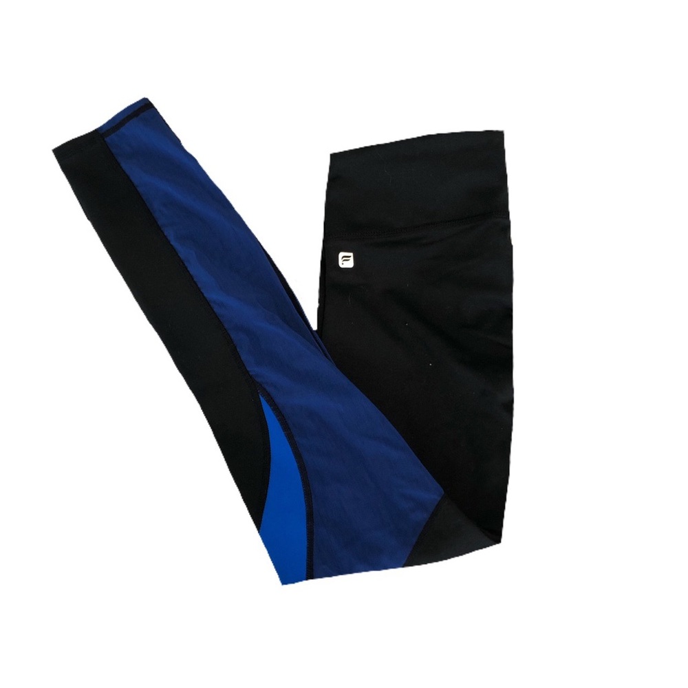 Fabletics black leggings with blue mesh cutouts